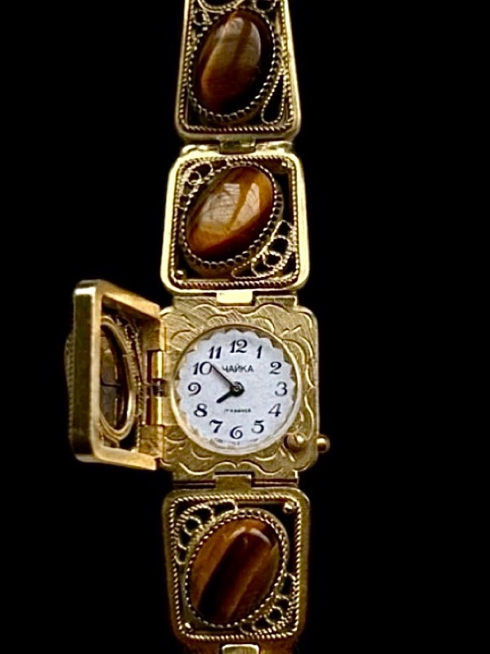 Rare Vtg Tiger’s Eye Filigree Hidden Wristwatch Bracelet